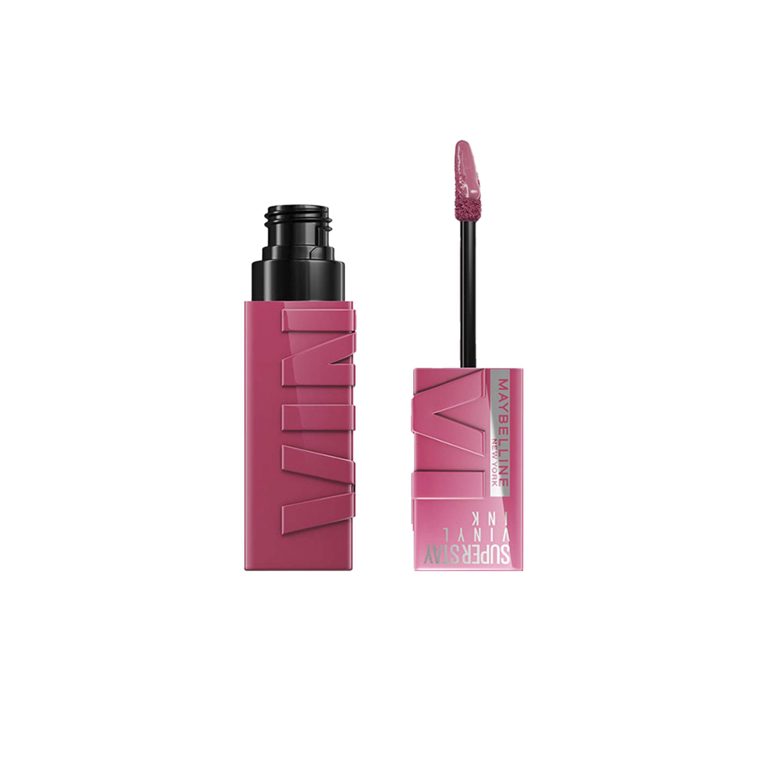 Maybelline Super Stay Vinyl Ink en labio rosado-mauve para color duradero.