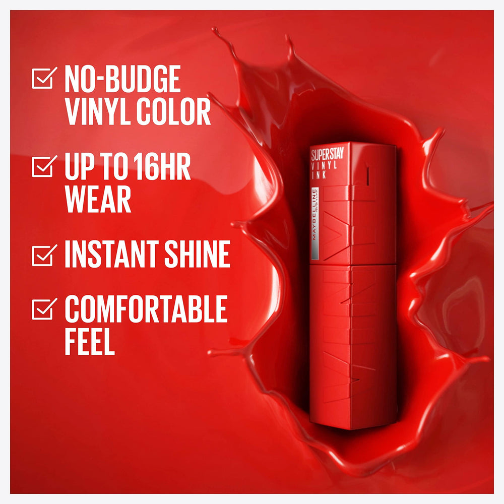 Labial rojo cranberry MAYBELLINE Vinyl Ink, color duradero para uso diario.
