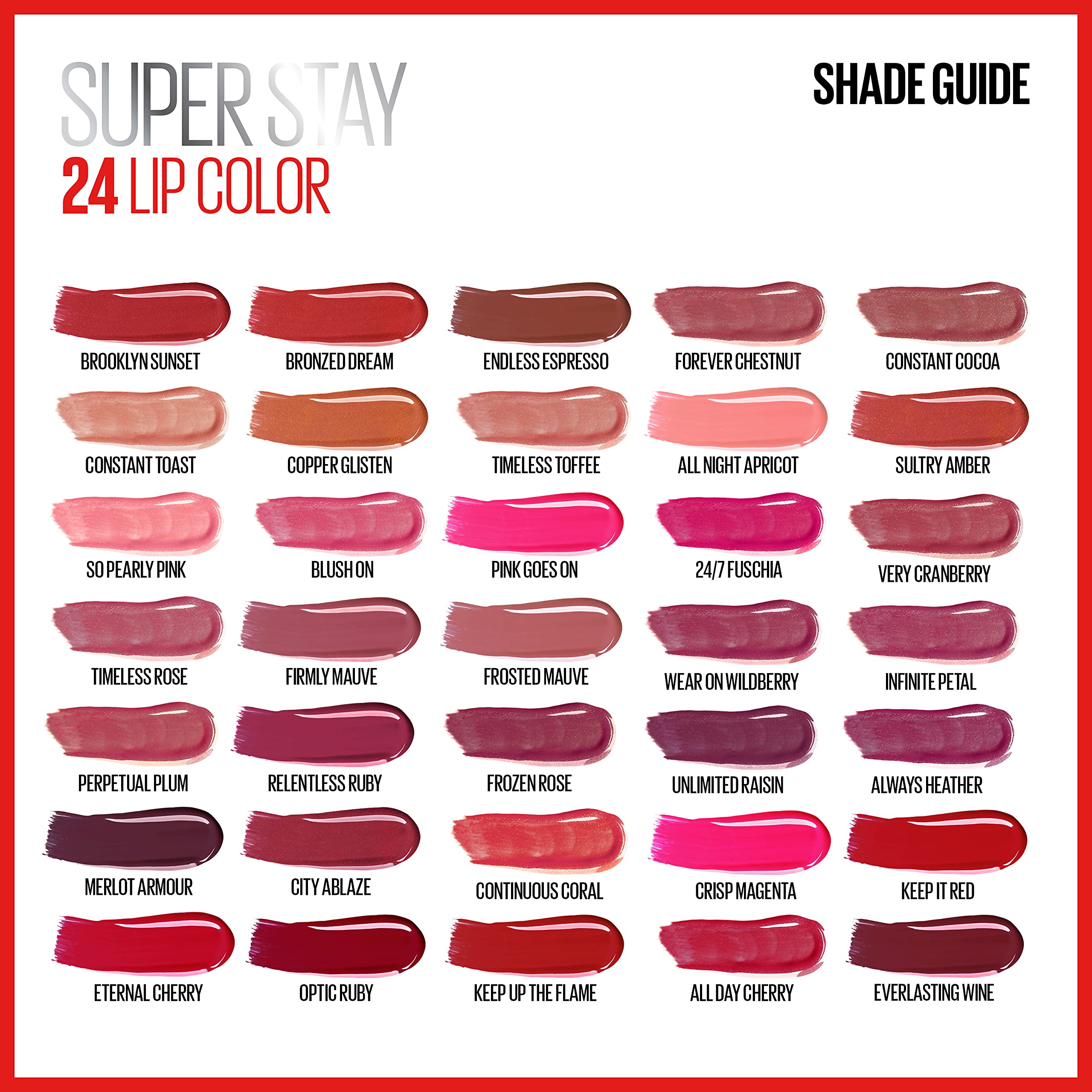 MAYBELLINE Super Stay 24 tono Keep Up The Flame en la muestra, pigmentación destacada