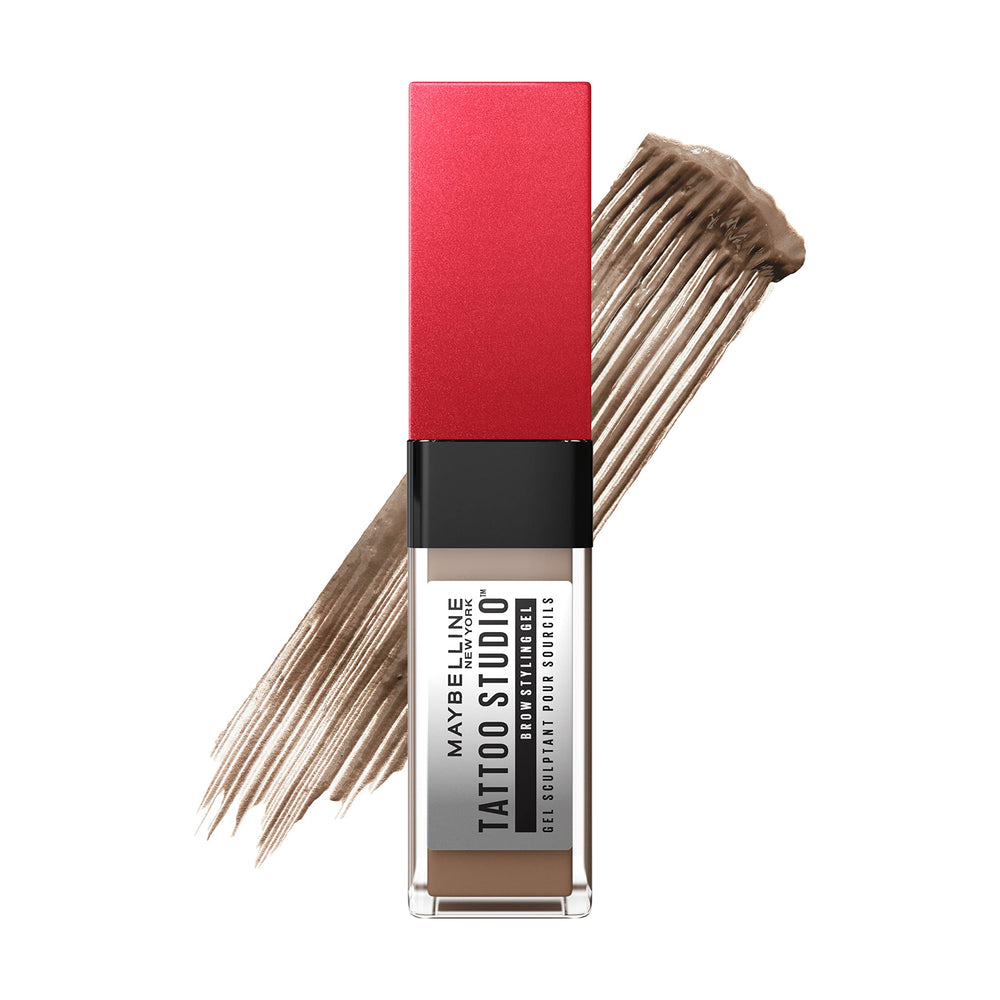Maybelline Tattoo Studio Brow Styling Gel tube shows long-wear color for all-day brows