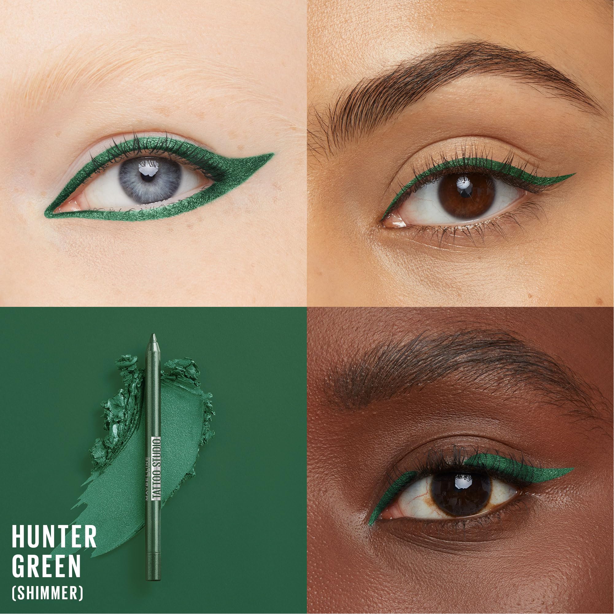 MAYBELLINE Tattoo Studio delineador en gel verde bosque oscuro: resistente al agua para ojos intensos.