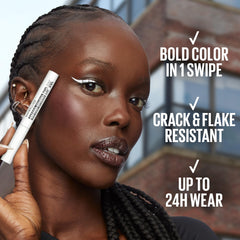 MAYBELLINE Tattoo Studio Black Track swatch shows waterproof pigment and crisp line.