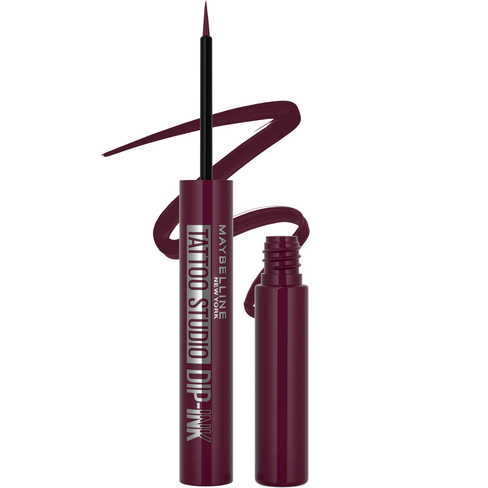MAYBELLINE Tattoo Studio Dip-Ink Burgundy Boost close-up with precise felt tip for sharp lines.