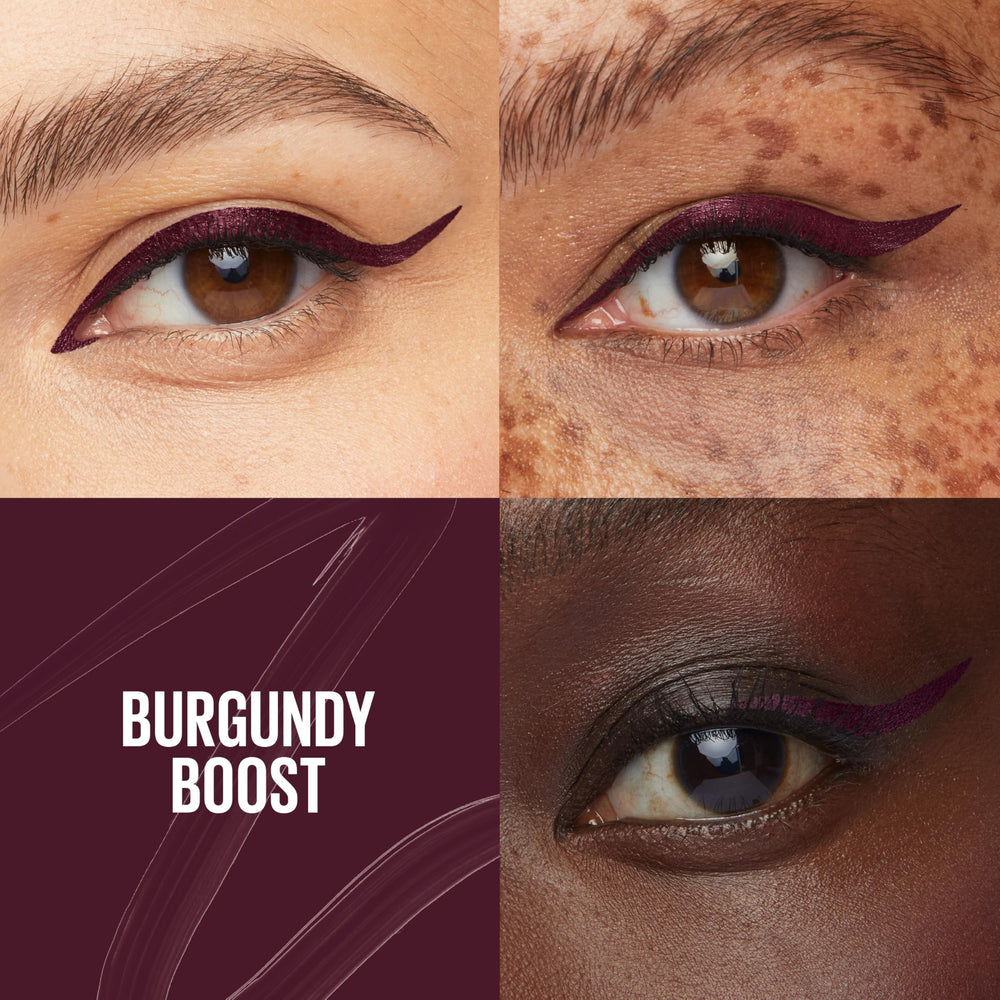MAYBELLINE Burgundy Boost applicator demonstrates smooth swatches for thin to thick strokes.