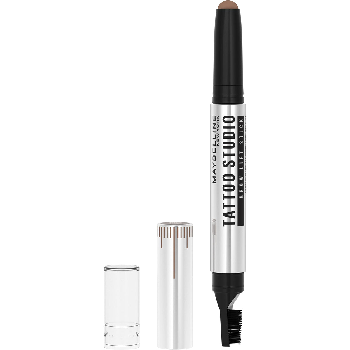 Maybelline TattooStudio Brow Lift Stick swatch showing tinted wax for lifted brows