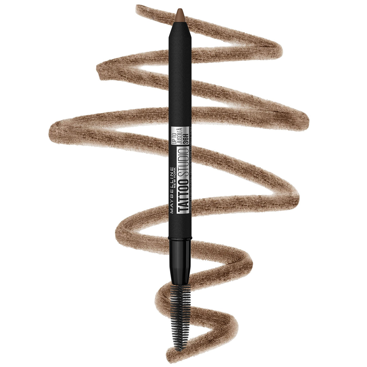 Maybelline TattooStudio brow pencil closeup showing rich pigment for defined brows