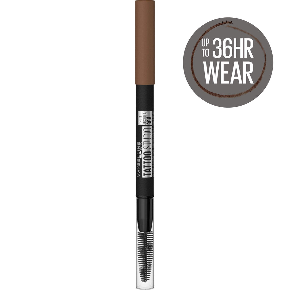 Maybelline TattooStudio packaging highlights a compact, travel-ready brow tool