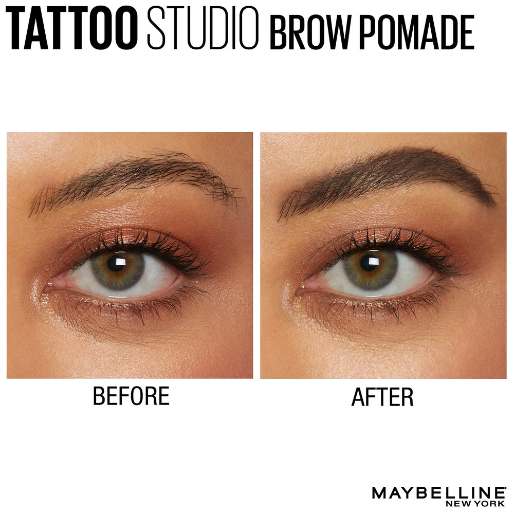 Cejas marrón profundo definidas con Maybelline TattooStudio para look intenso