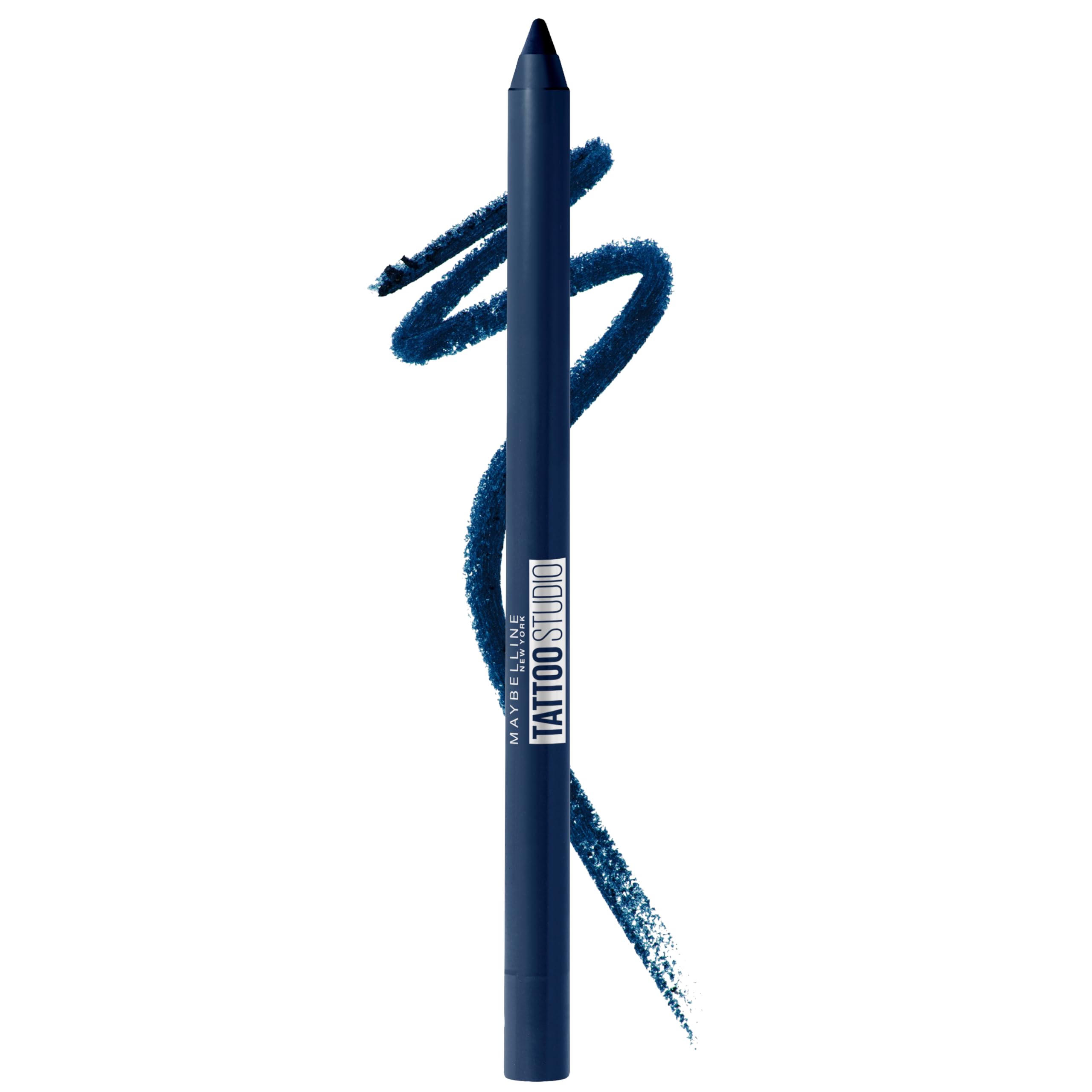 Maybelline TattooStudio Navy eyeliner swatch showing pigment-rich color for day-to-night looks.