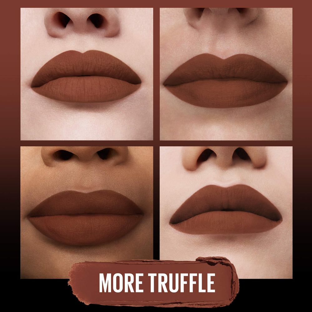 Maybelline Ultimatte swatch More Truffle for rich cocoa-brown tone.
