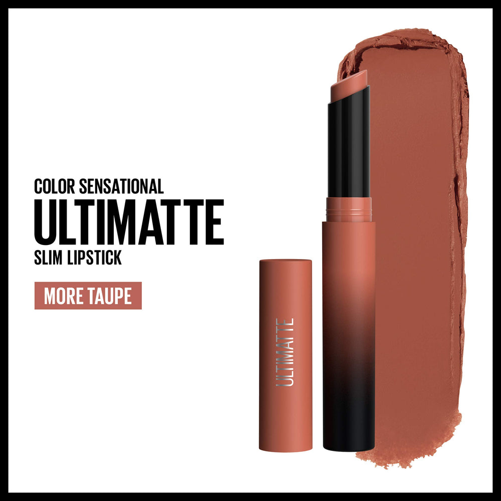 Maybelline Ultimatte taupe nude swatch shows rich pigment and matte finish.