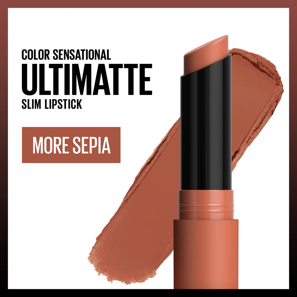 Maybelline Ultimatte More Sepia swatch reveals a warm mid-tone camel shade.