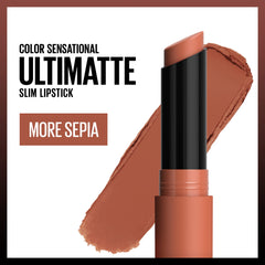 Maybelline Ultimatte More Sepia swatch reveals a warm mid-tone camel shade.