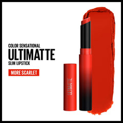 Maybelline Ultimatte scarlet swatch shows intense red shade for standout looks.