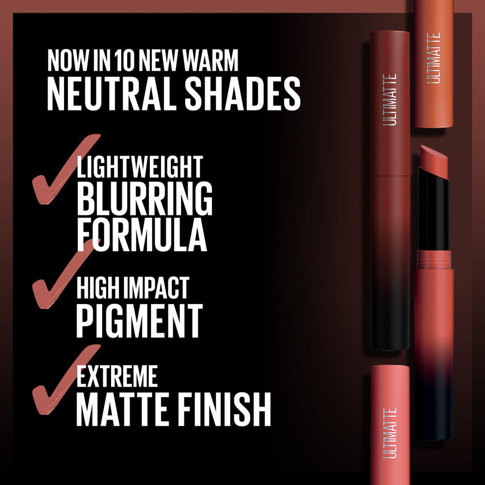 Maybelline Ultimatte texture swatch demonstrates blurring formula and non-drying matte finish.
