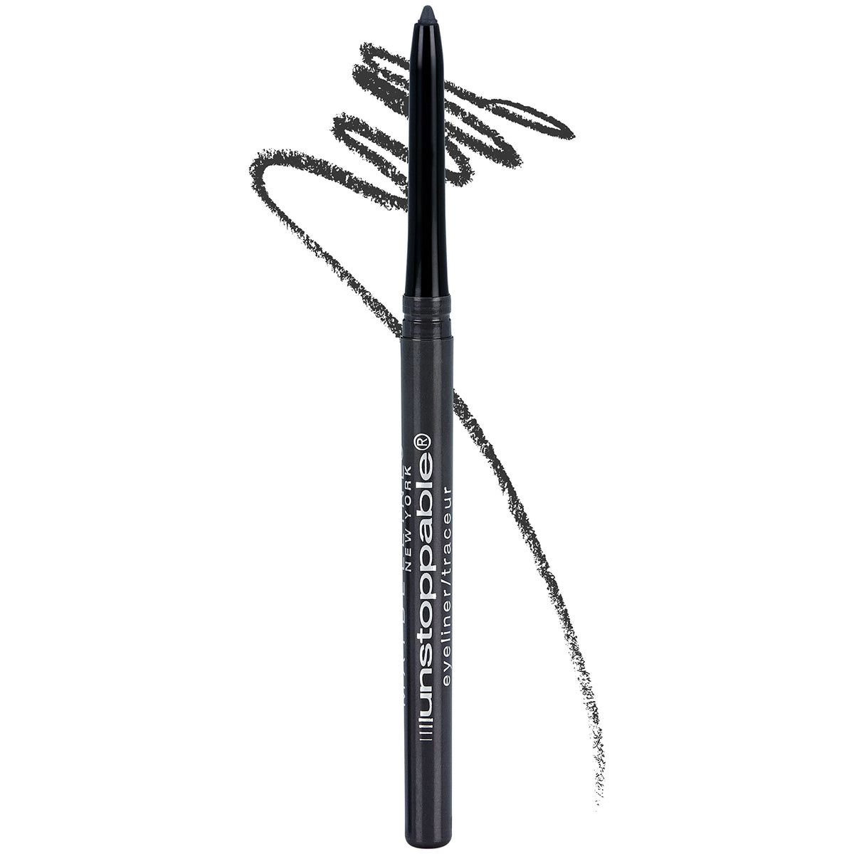 Lápiz delineador mecánico Maybelline Unstoppable gris Pewter con punta autoafilable para trazos precisos.