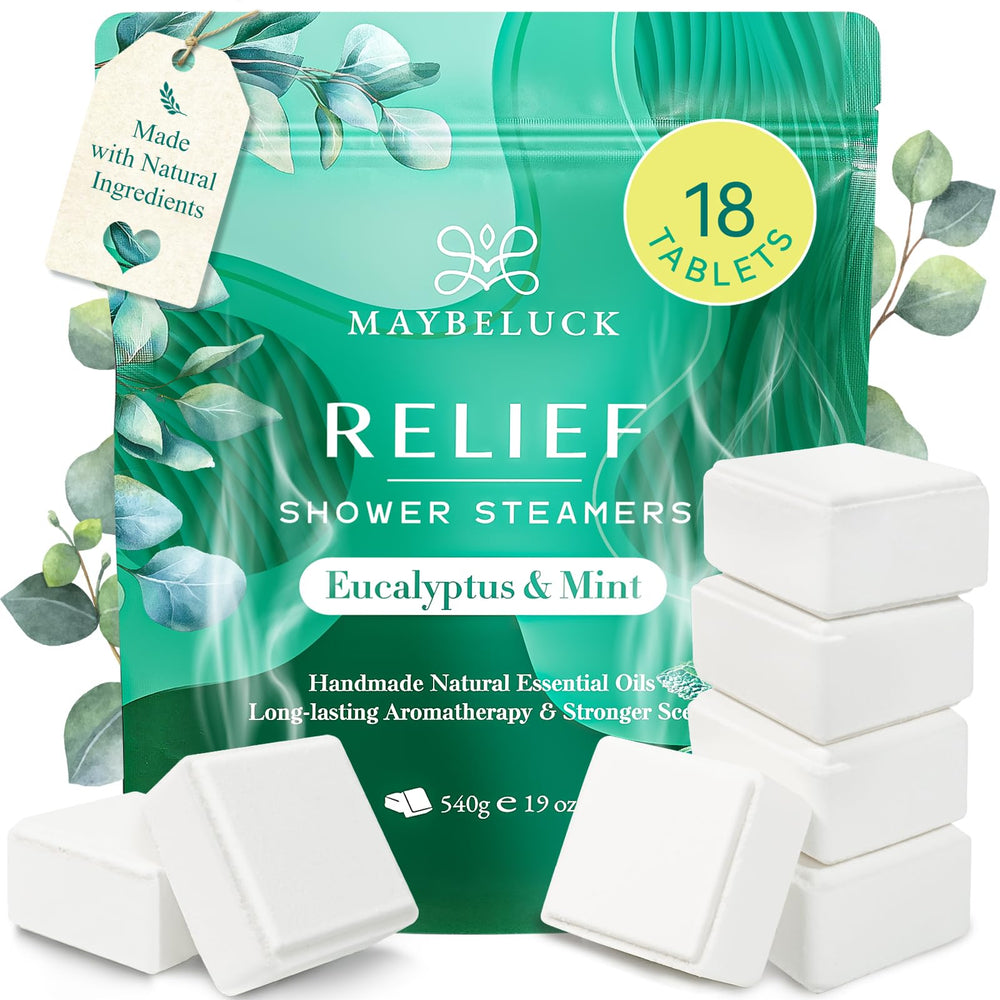 Maybeluck eucalyptus mint shower steamers 18-pack ready for a refreshing morning ritual.