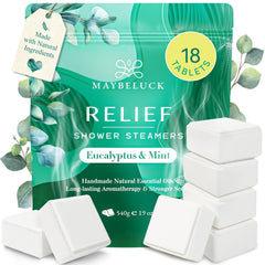 Maybeluck eucalyptus mint shower steamers 18-pack ready for a refreshing morning ritual.