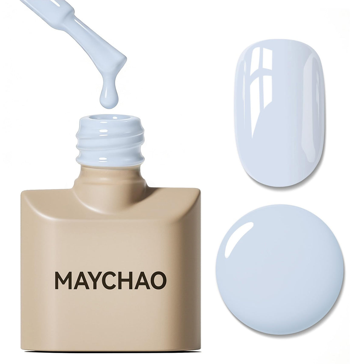 MAYCHAO blue gel nail polish bottle with color swatch for at-home manicures