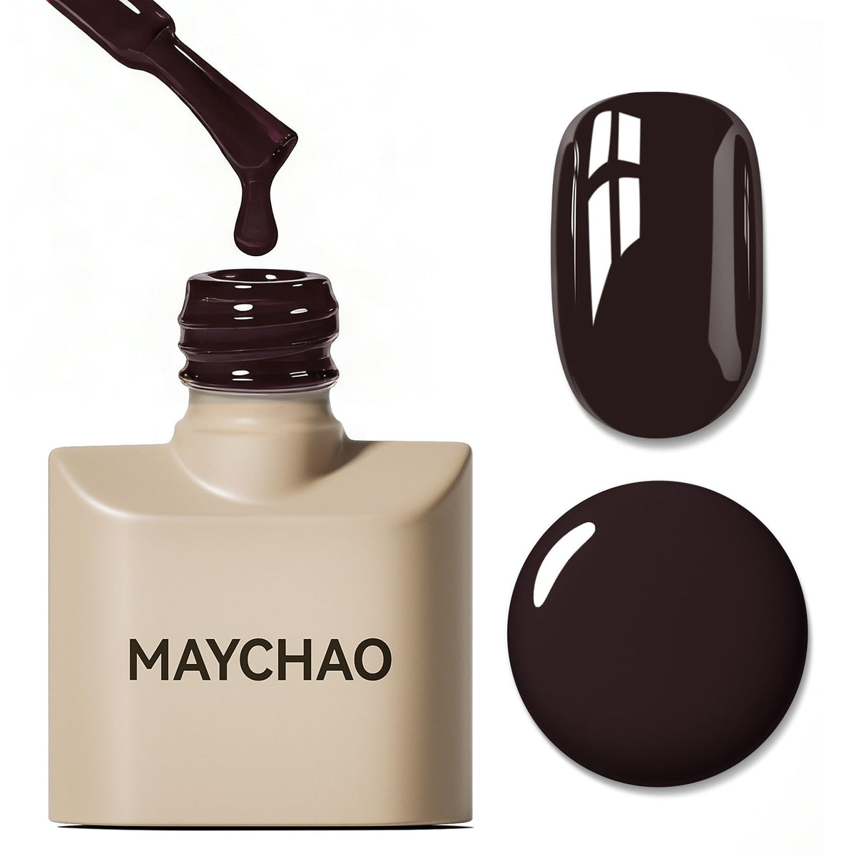 MAYCHAO dark brown gel polish bottle close-up for a glossy salon look