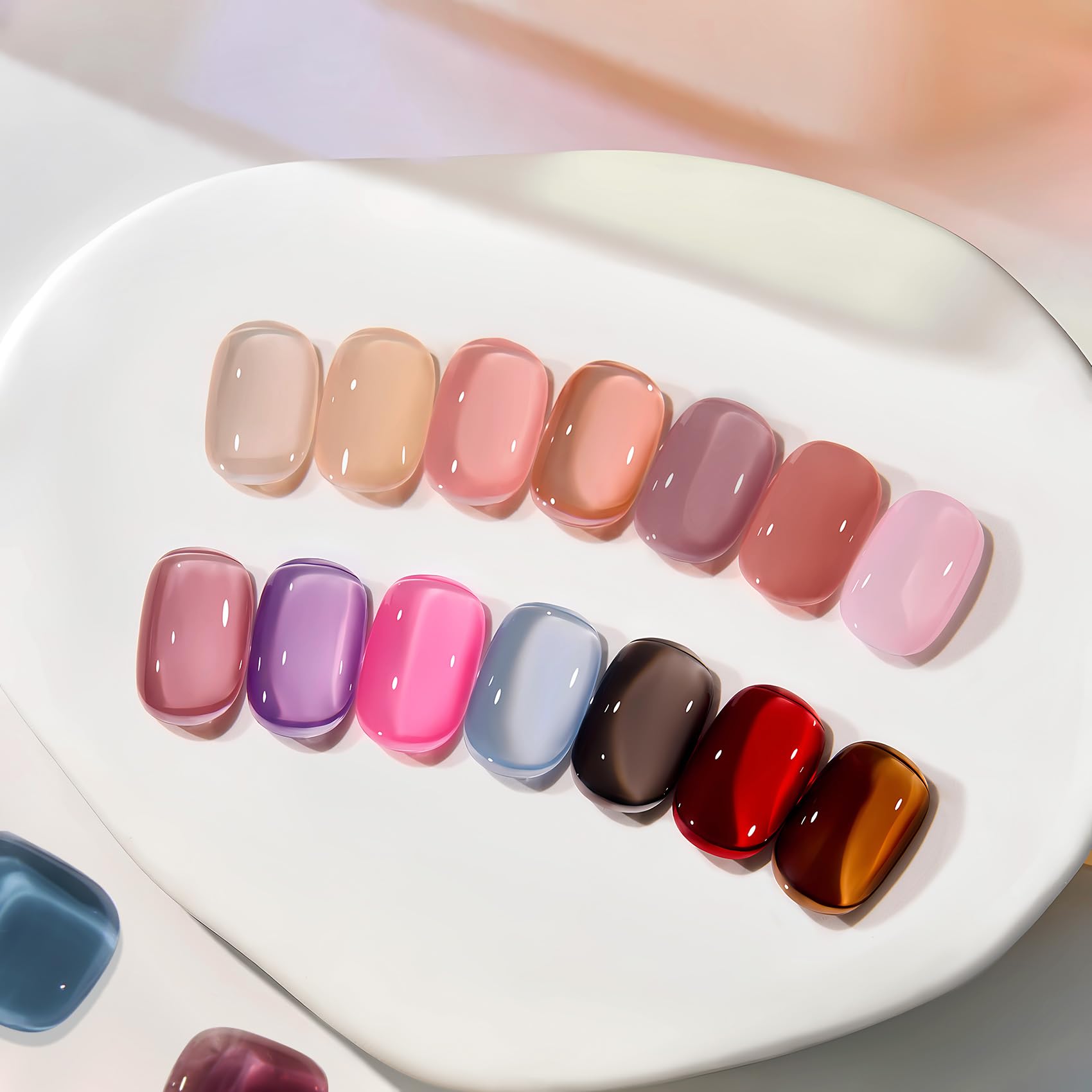 MAYCHAO jelly gel nail polish swatches show layered translucent colors