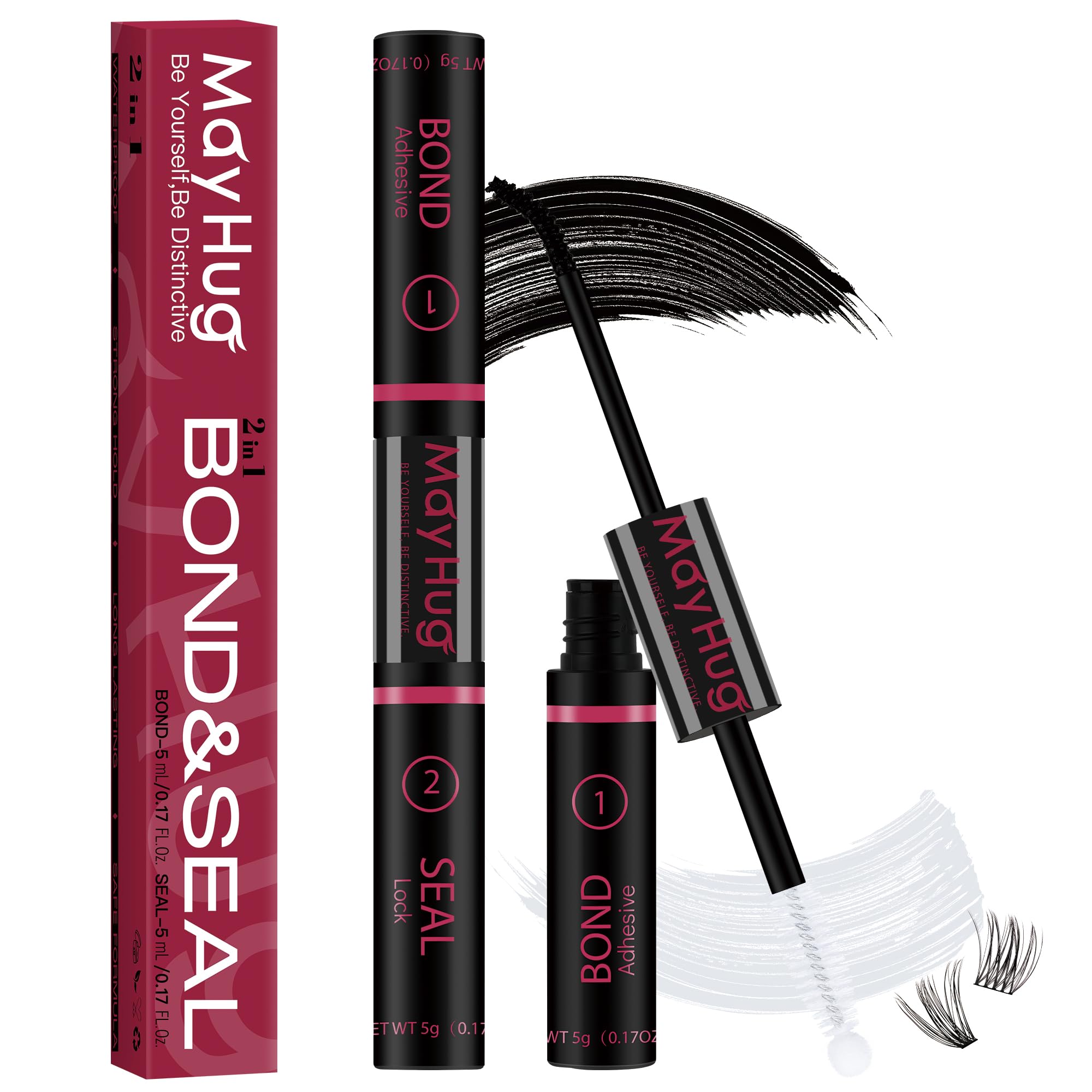Mayhug Lash Bond & Seal dual-ended applicator facilitates precise lash application and long-lasting hold