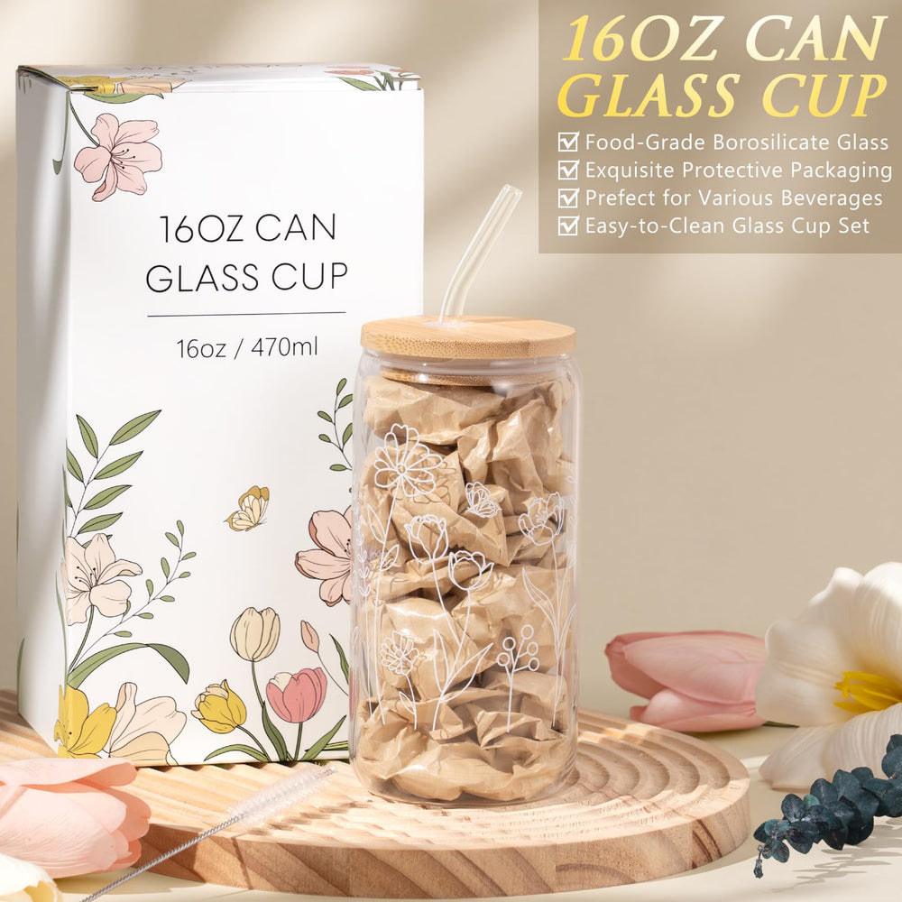 MAYICIVO 16oz can glass cup with lid for everyday beverages.