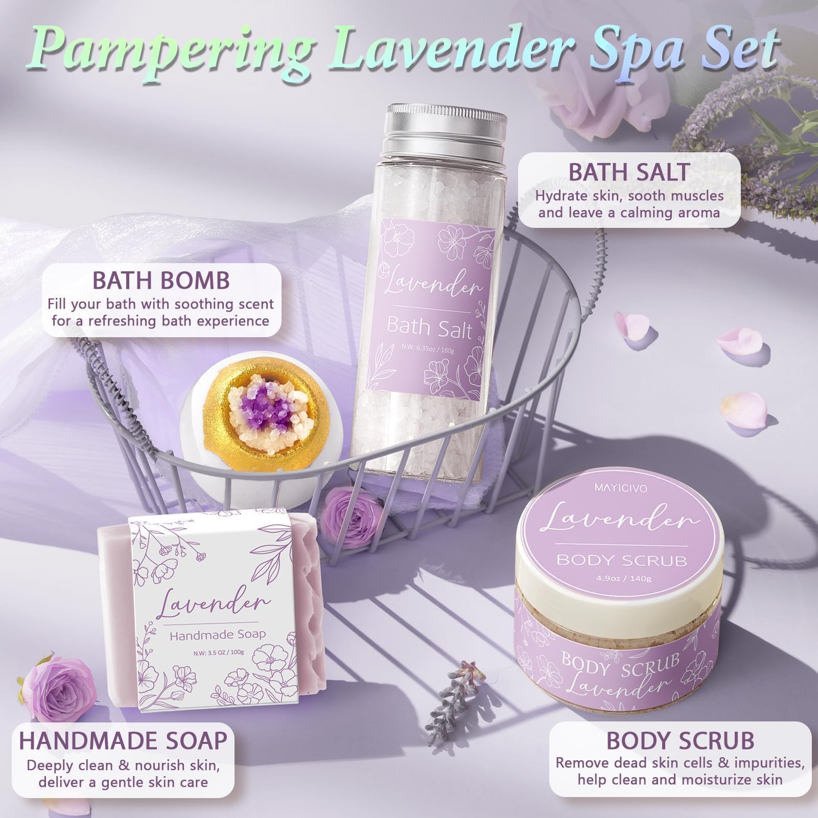 MAYICIVO lavender bath bomb for a soothing soak.