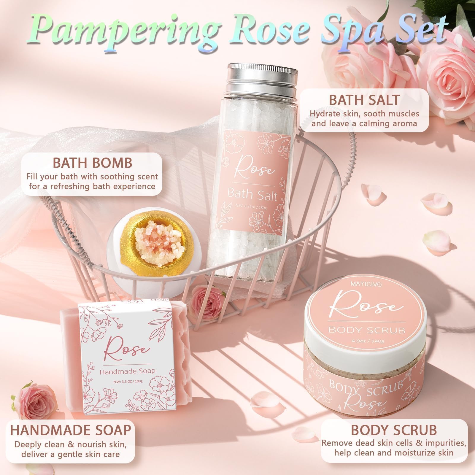 MAYICIVO rose bath salt softens skin while perfuming the air