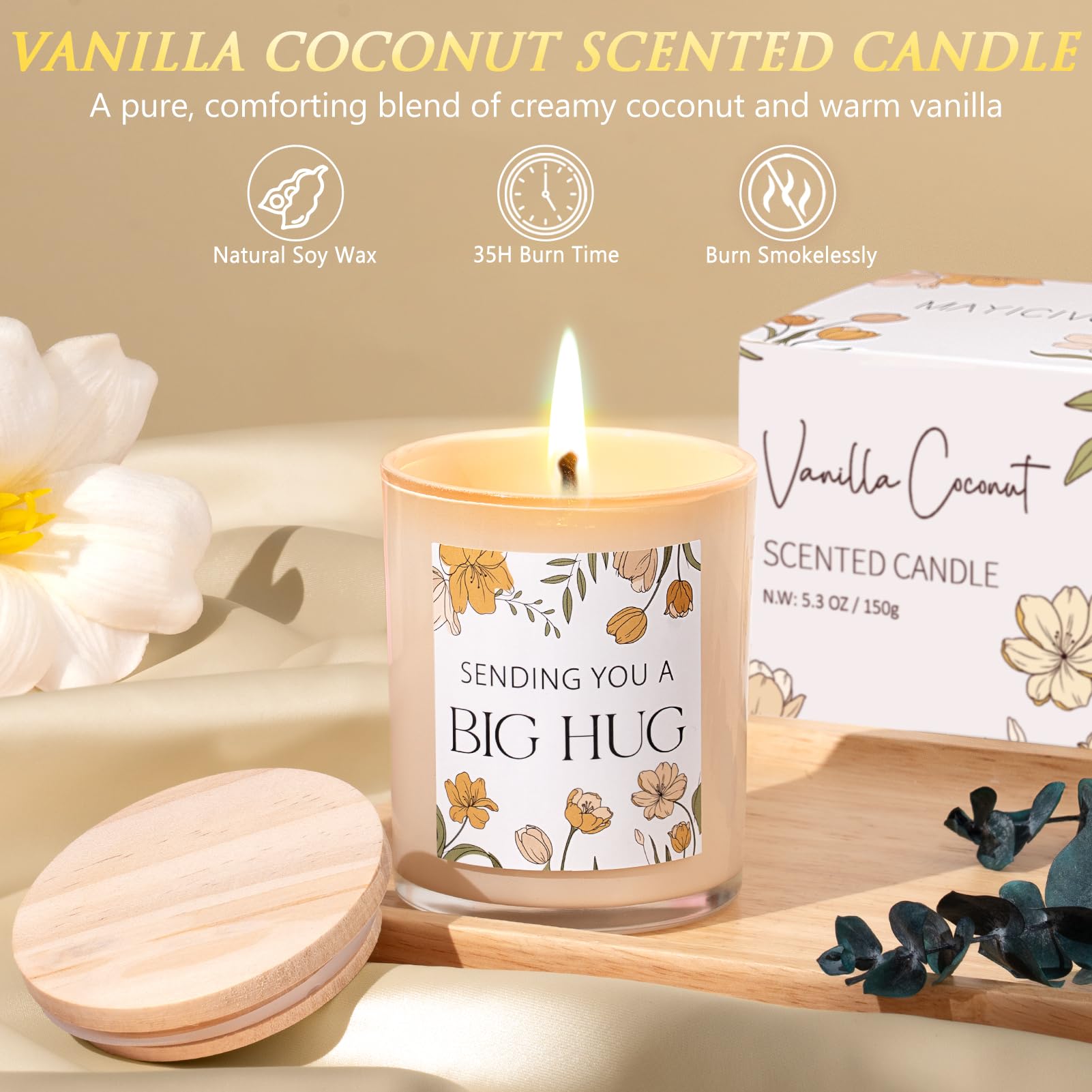 MAYICIVO vanilla coconut soy candle and spa items for a soothing ambience.