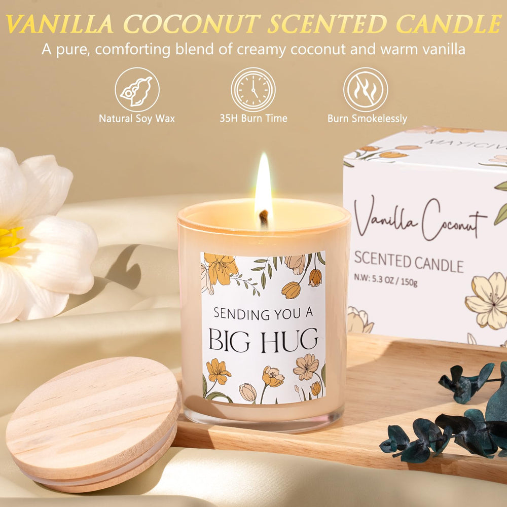 MAYICIVO vanilla coconut soy candle and spa items for a soothing ambience.