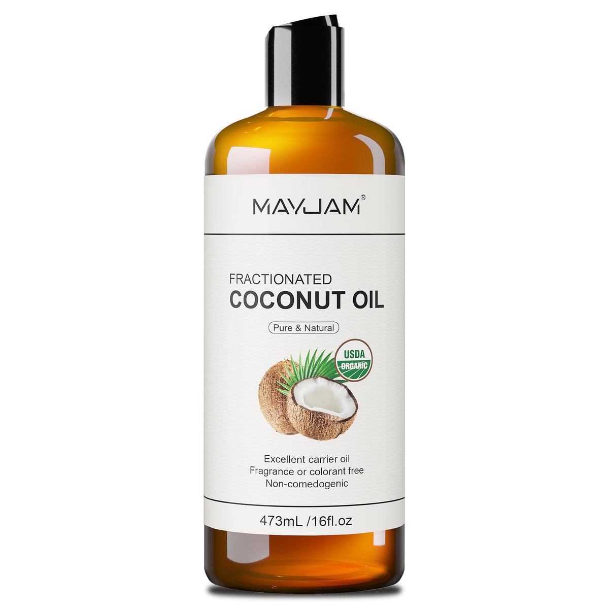 MAYJAM Aceite de Coco Fraccionado vertido, ideal para hidratación diaria de la piel.