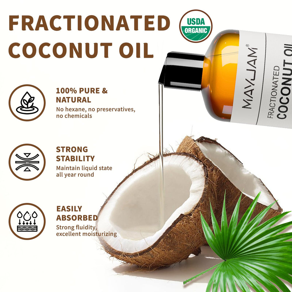 MAYJAM Aceite de Coco Fraccionado, etiqueta natural para cuidado puro.