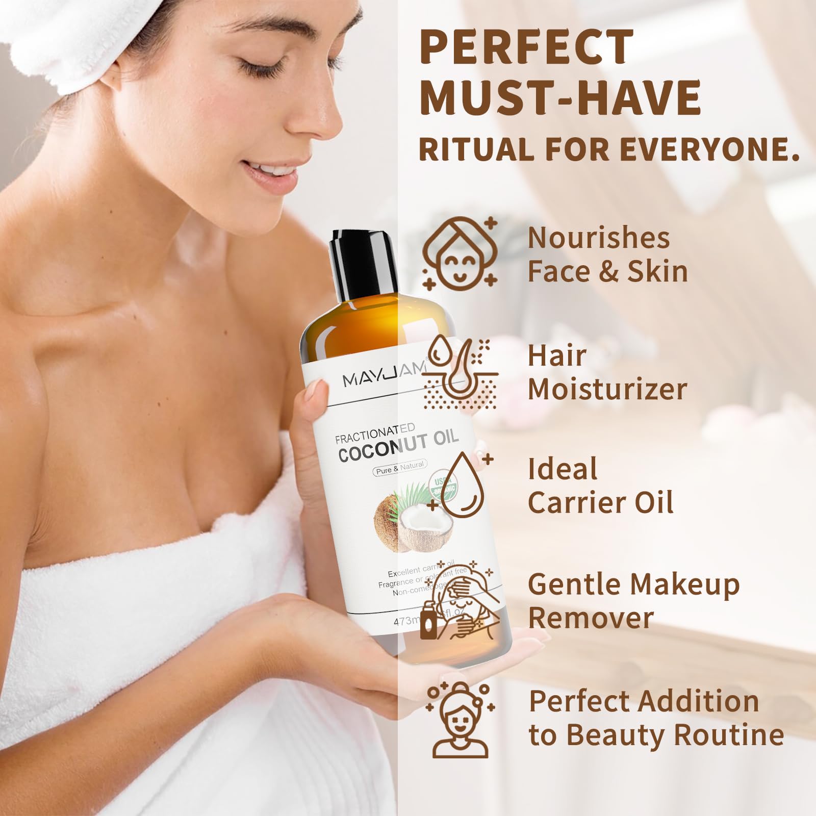 MAYJAM Aceite de Coco Fraccionado, textura incolora lista para mezclar con otros productos.
