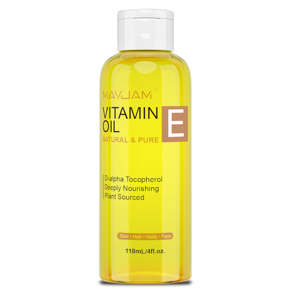 MAYJAM organic vitamin E oil bottle with pump for easy skin hydration.