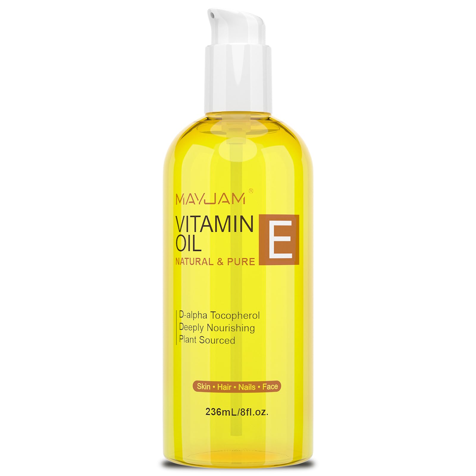 MAYJAM Organic Vitamin E Oil 8oz bottle with pump for easy daily skin use.
