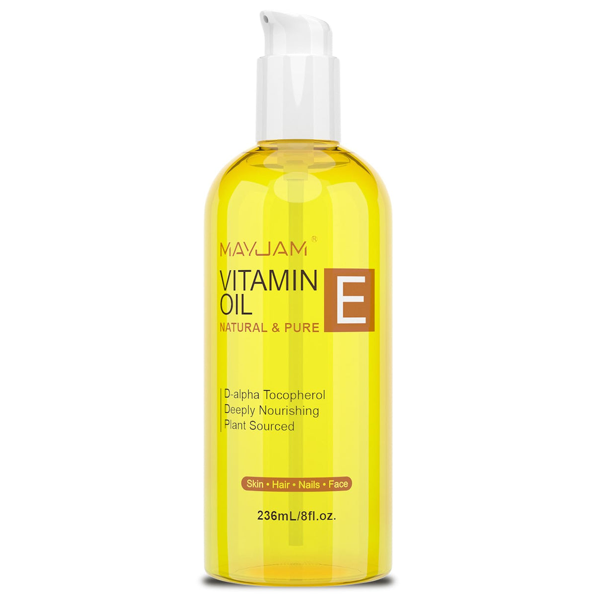 MAYJAM Organic Vitamin E Oil 8oz bottle with pump for easy daily skin use.