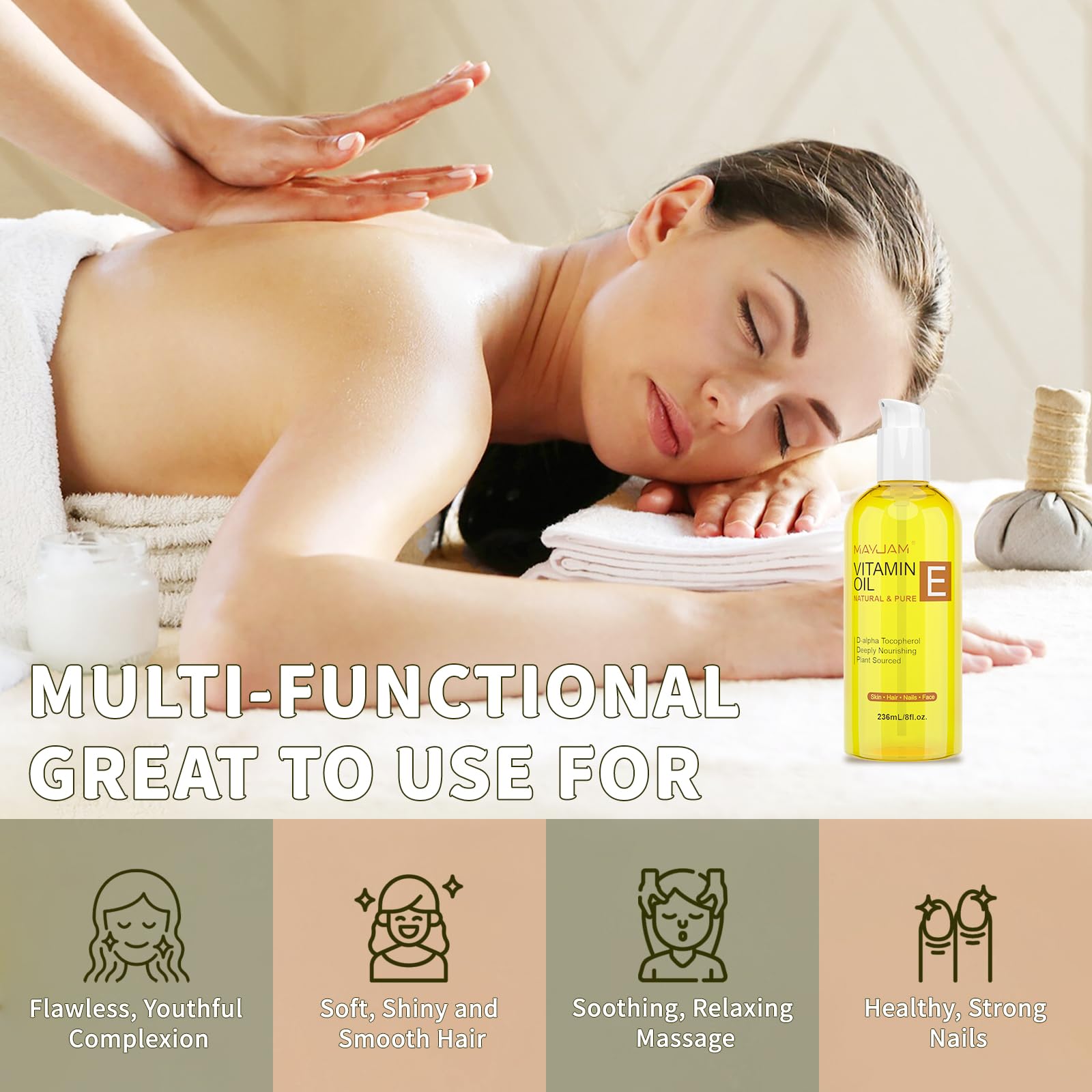 MAYJAM Vitamin E Oil packaging and labeling detailing product information.