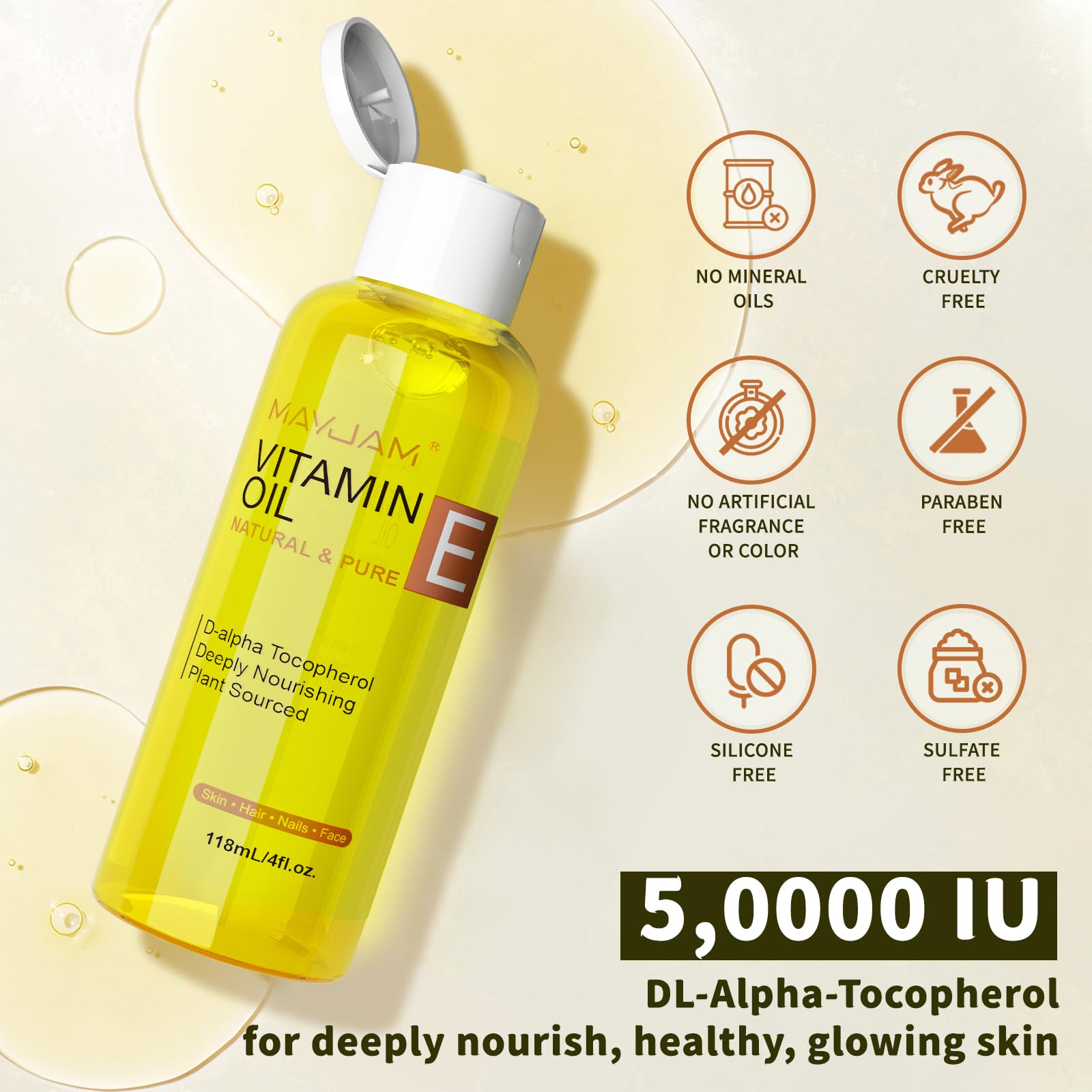 MAYJAM vitamin E oil bottle pour highlights scar and stretch mark care.