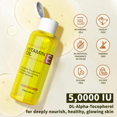 MAYJAM vitamin E oil bottle pour highlights scar and stretch mark care.