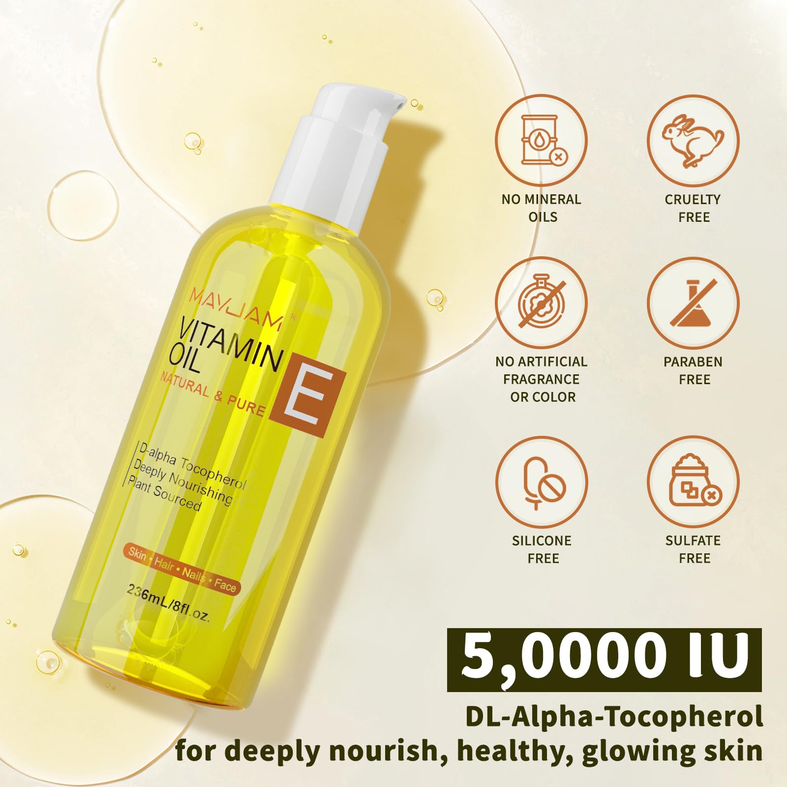MAYJAM Vitamin E Oil close-up texture showing smooth, nourishing skin.