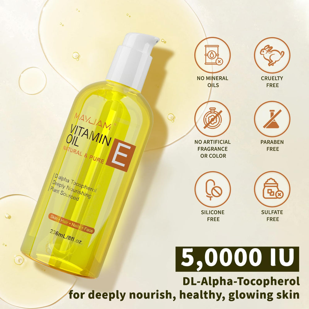 MAYJAM Vitamin E Oil close-up texture showing smooth, nourishing skin.