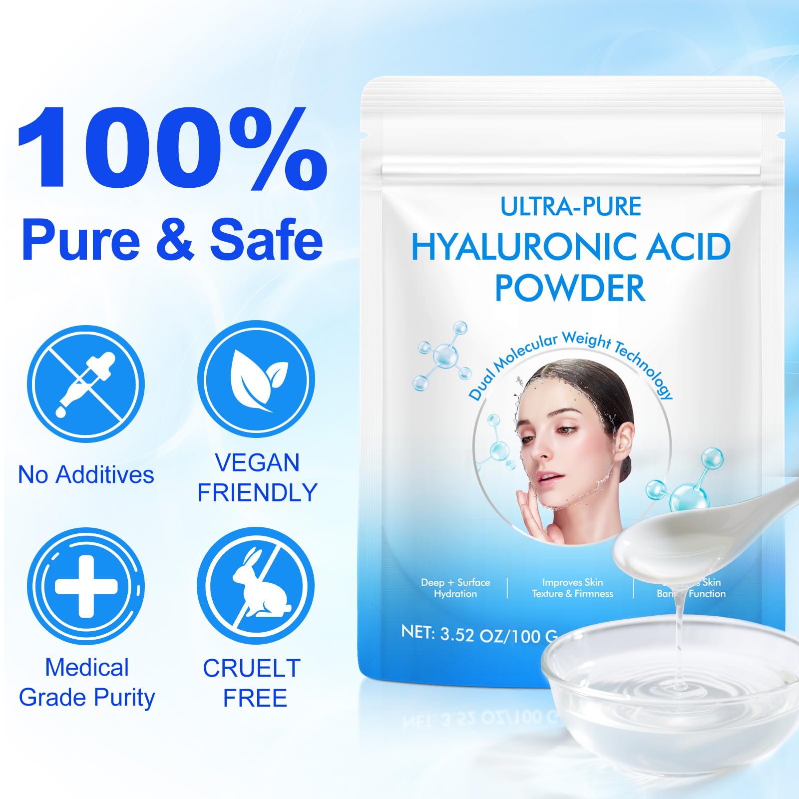 MAYPJHEH hyaluronic serum powder closeup texture reveals smooth powder-to-liquid transition.