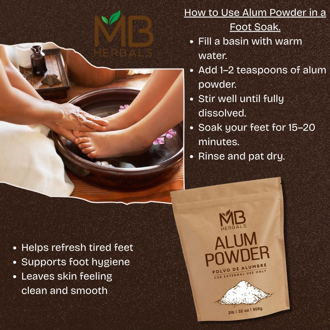 Foot soak setup with MB Herbals Alum Powder for gentle cleansing.