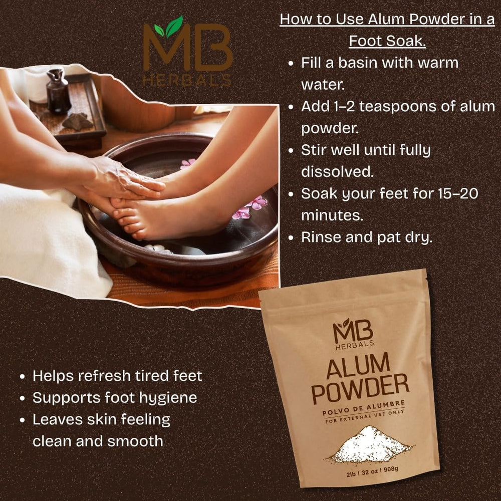 Foot soak setup with MB Herbals Alum Powder for gentle cleansing.