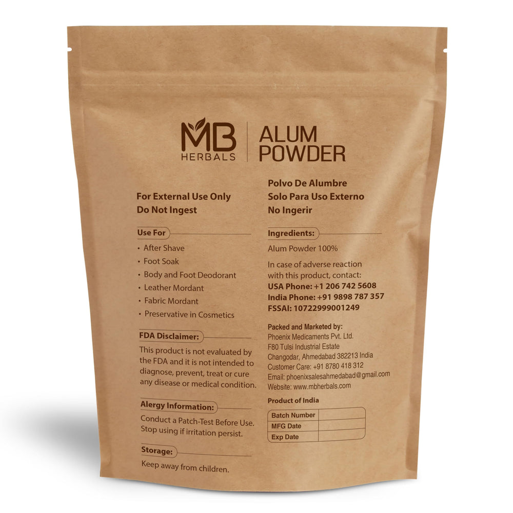 Close-up of MB Herbals Alum Powder texture for versatile use.