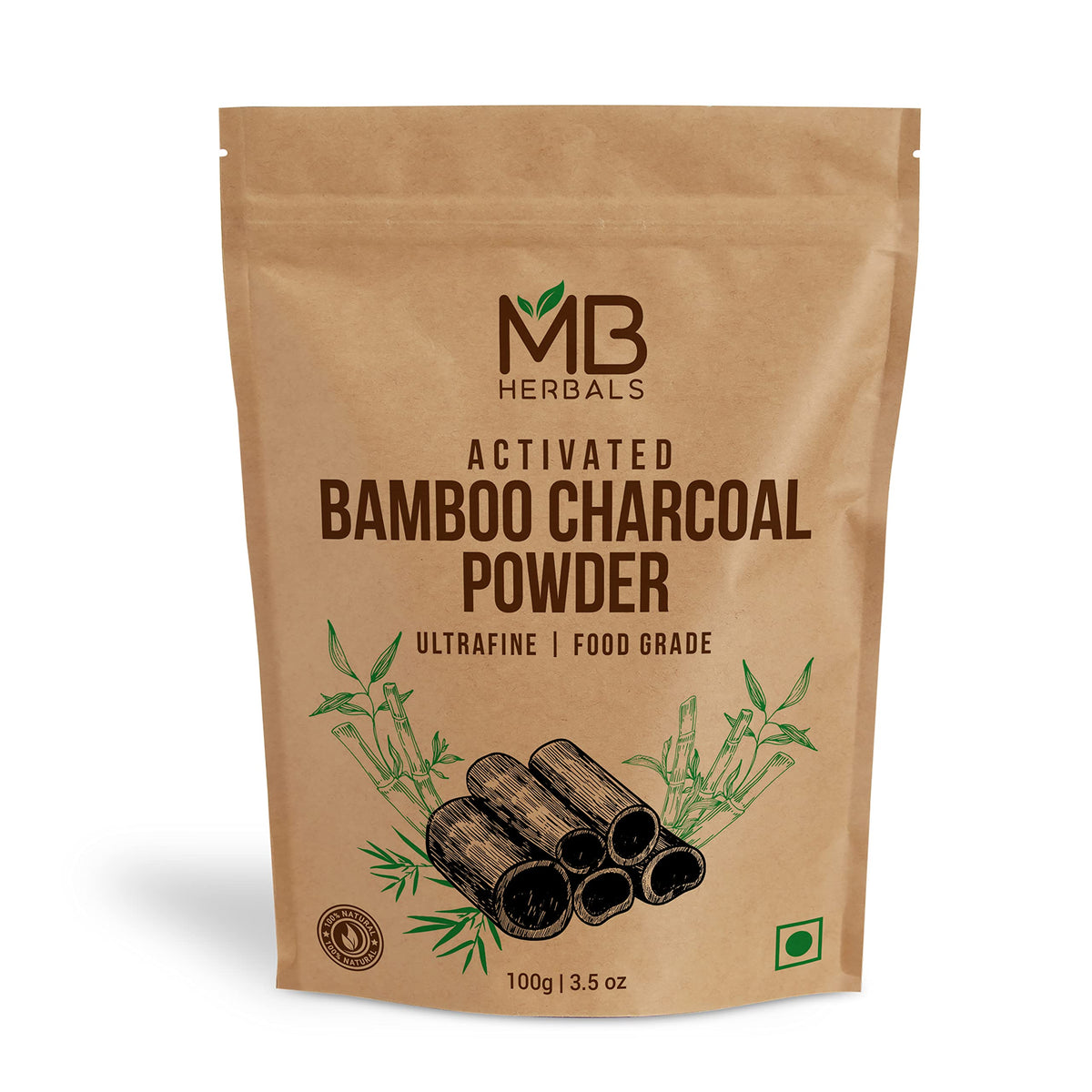 MB Herbals carbon bambu activado 100 g en empaque práctico para uso diario
