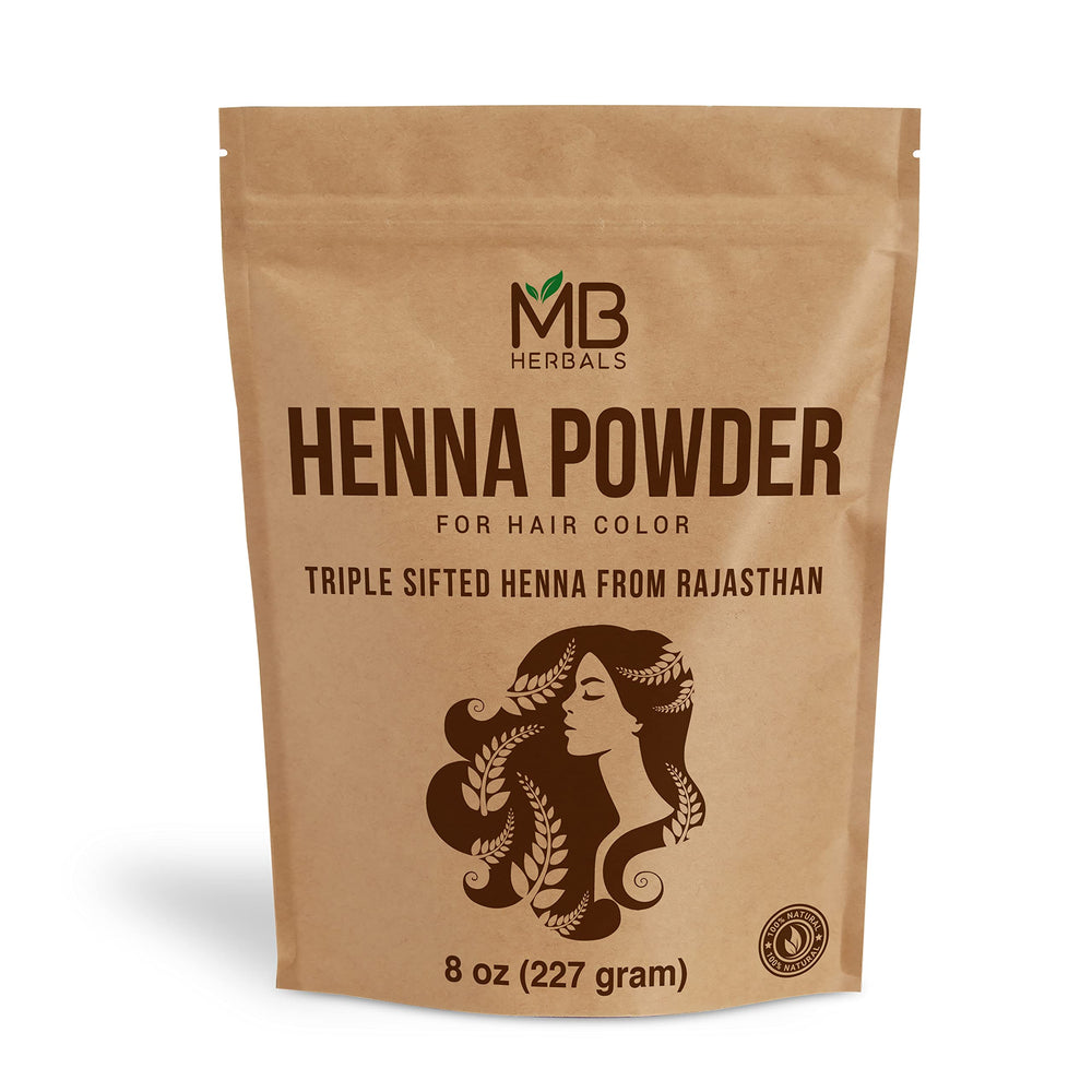 MB Herbals henna powder packaging shows the 8 oz size for natural hair color.