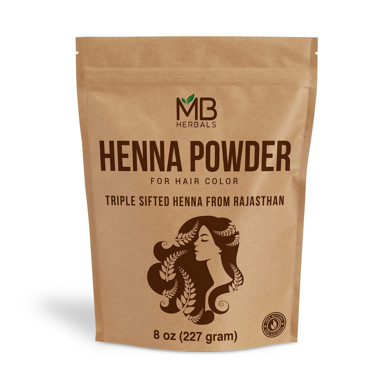 MB Herbals henna powder packaging shows the 8 oz size for natural hair color.