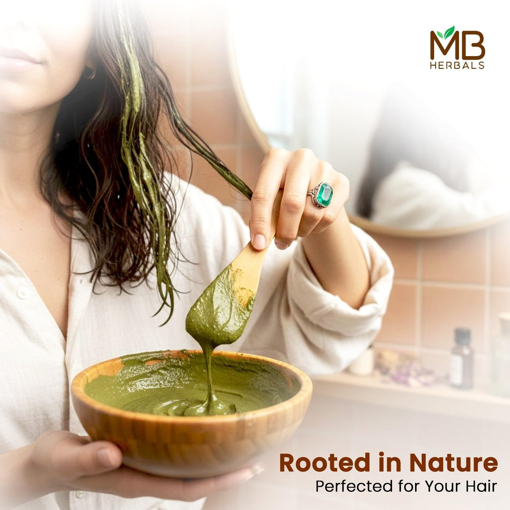 MB Herbals henna powder color result on hair with natural orange-red tint